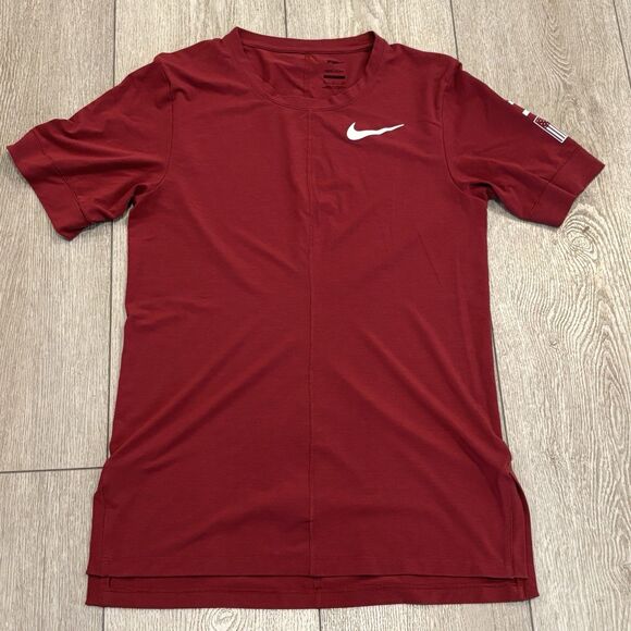 Nike Dri Fit Yoga Shirt Mens Small Slim Fit Short Sleeve T-Shirt USA Red - Picture 1 of 8
